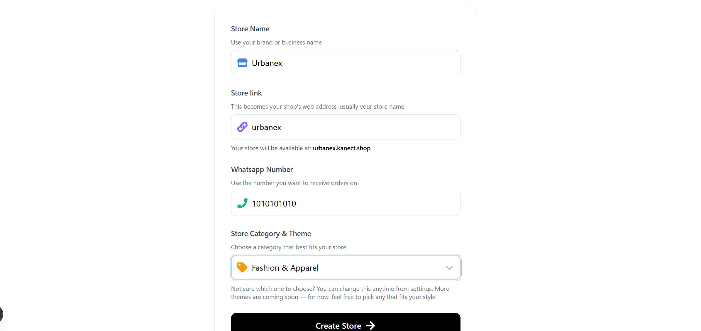 Kanect onboarding interface showing store setup form