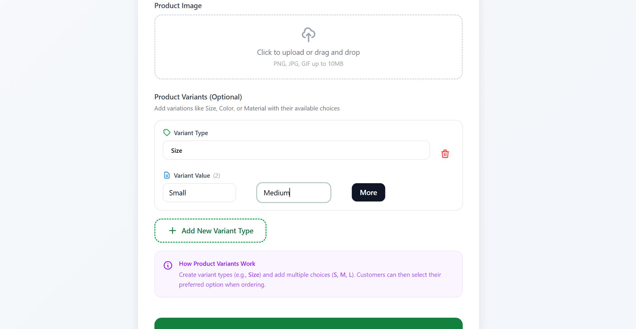 Product creation form with fields for title, price, images, and custom options